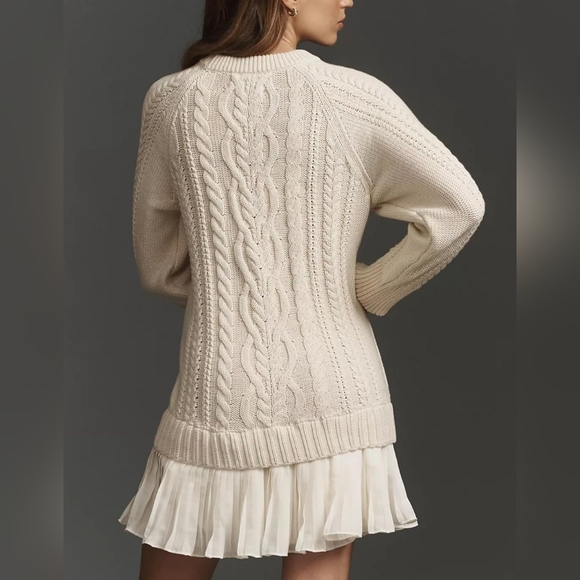Chic Long Sleeve Cable Knit Mini Sweater Dress With A Sheer Flowy Pleated Bottom - Picture 10 of 16